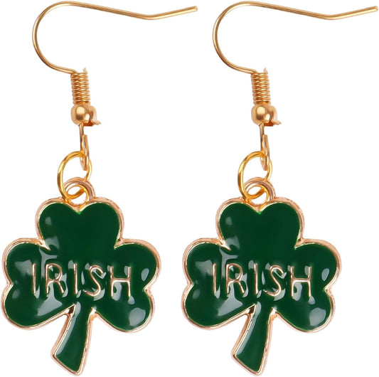 Green Shamrock Dangle Earrings for Women, St. Patrick's Day Accessories Good Luck Hoop Earrings