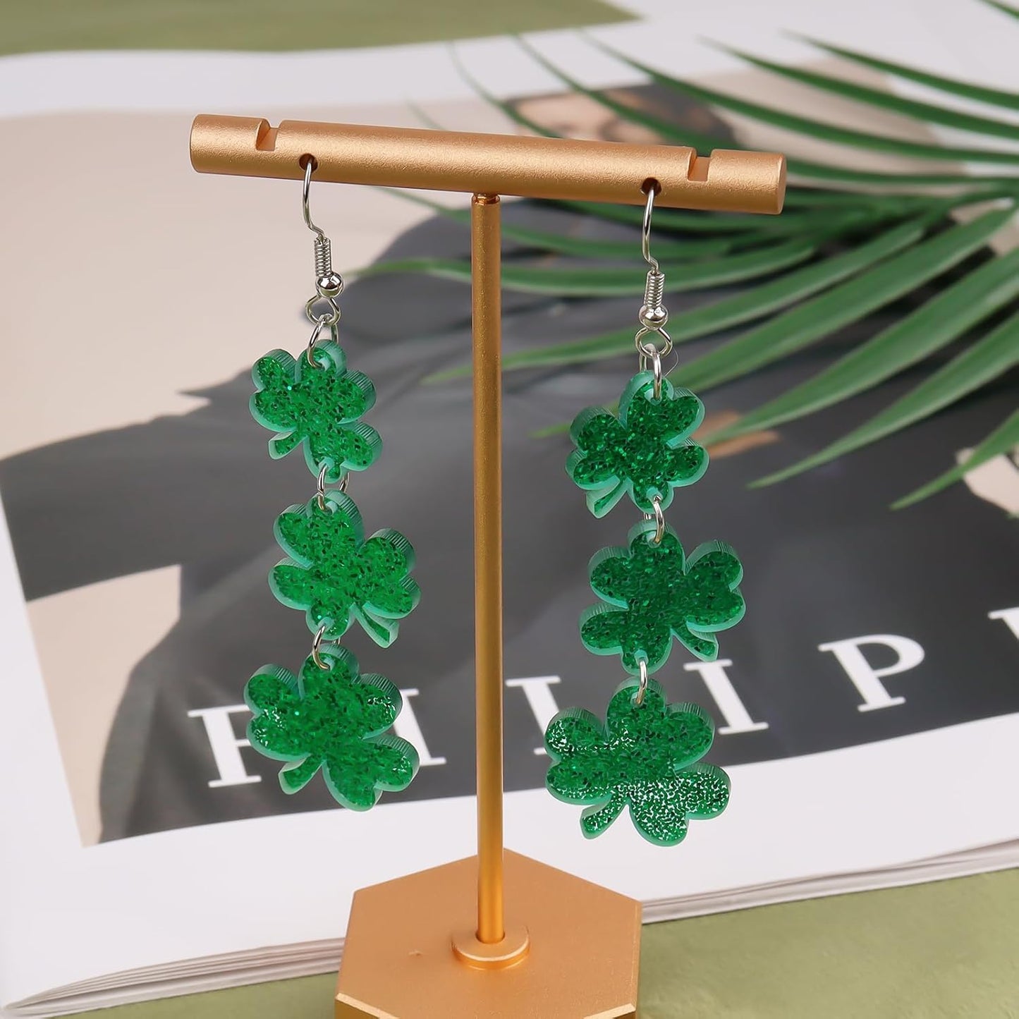 Green Shamrock Dangle Earrings for Women, St. Patrick's Day Accessories Good Luck Hoop Earrings