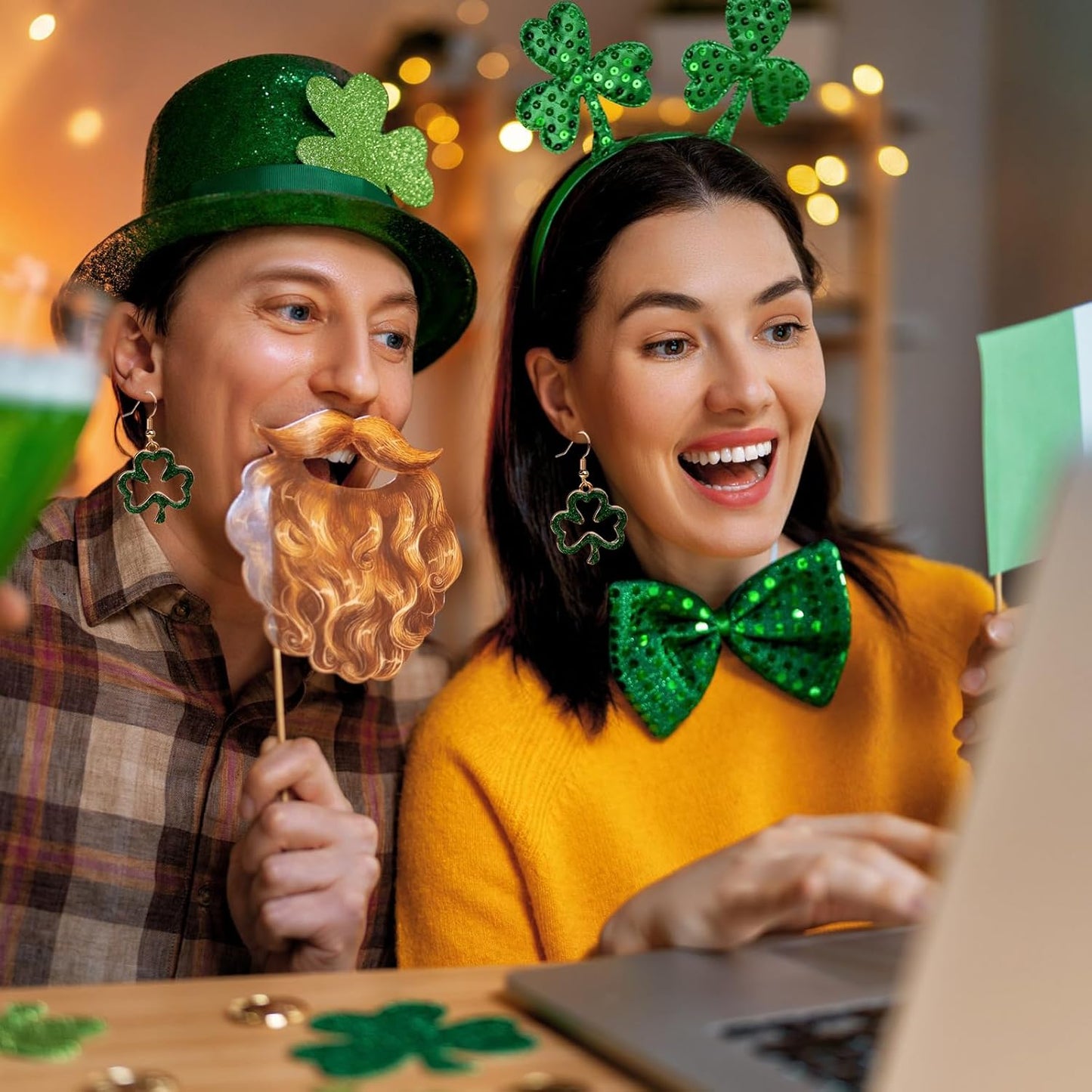 Green Shamrock Dangle Earrings for Women, St. Patrick's Day Accessories Good Luck Hoop Earrings