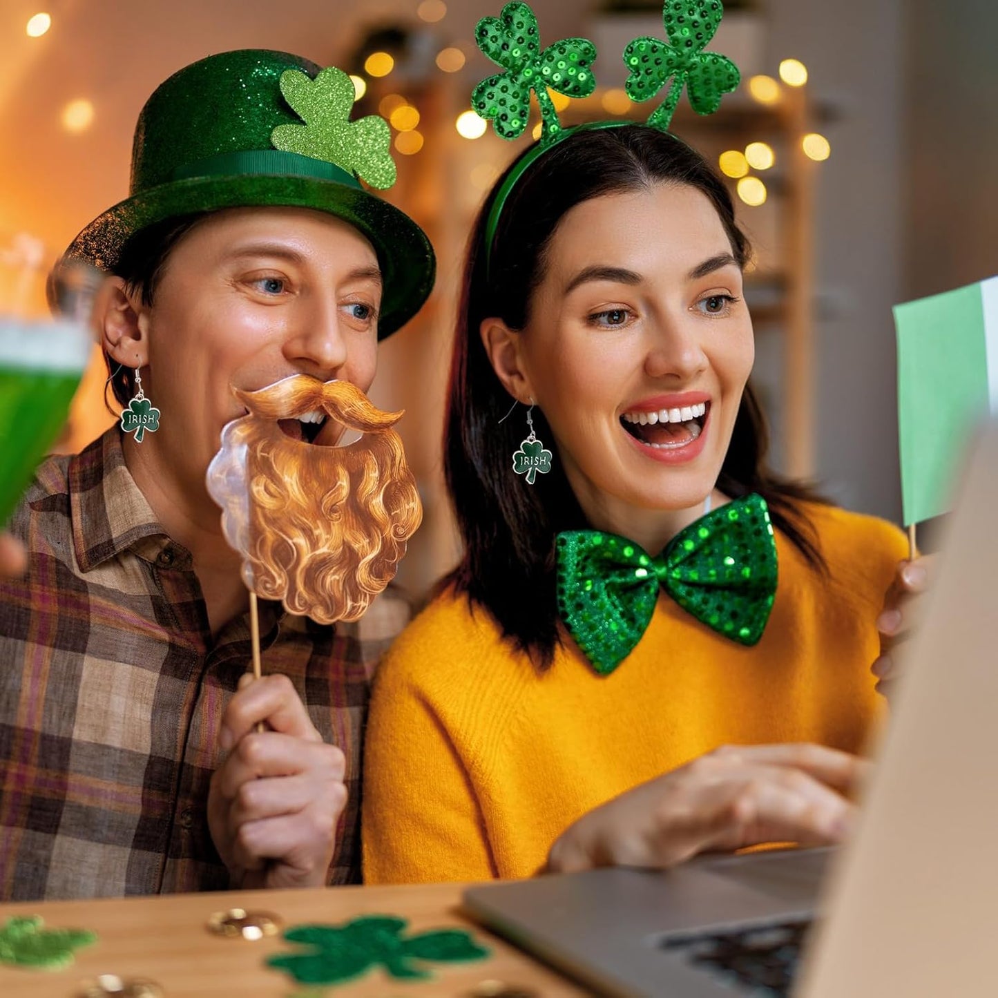 Green Shamrock Dangle Earrings for Women, St. Patrick's Day Accessories Good Luck Hoop Earrings